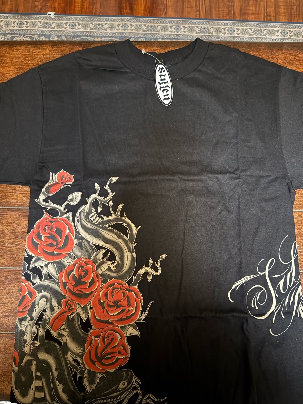Sullen Black Graphic Tee with Red Rose and Snake Design